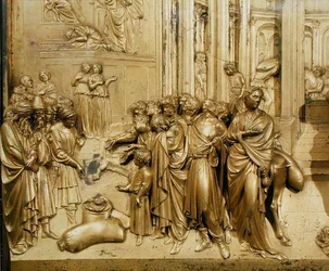La historia de José, detalle del hallazgo de la copa de plata, del panel original de las Puertas del Este del Baptisterio
