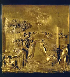 La creación de Adán, la creación de Eva a partir de la costilla de Adán, la expulsión del Paraíso (bronce)