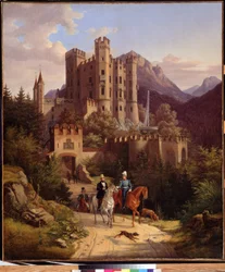 El príncipe heredero Maximiliano cabalgando en Hohenschwangau. Maximiliano II de Baviera (1811-1864) delante de su castillo de Hohenschwangau en Baviera (Alemania). Pintura de Lorenzo II Quaglio (1793-1869)
