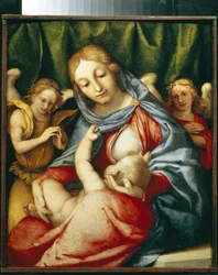 La Virgen mamando. (Madonna Del Latte). Pintura de Lorenzo Lotto (1480-1556), óleo sobre lienzo, hacia 1520. Arte italiano (Venecia)
