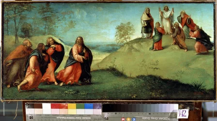 Cristo conduciendo a los apóstoles al monte Tabor. Lugar de la transfiguración de Cristo ubicado en Israel. Pintura de Lorenzo Lotto (1480-1556)