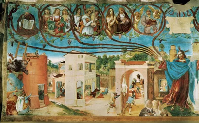 Lado izquierdo de la Capella Suardi, Iglesia Santa Bárbara de Bérgamo ... (pintura mural)