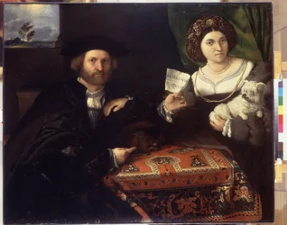Retrato familiar. Pintura de Lorenzo Lotto (1480-1556), hacia 1523. Óleo sobre lienzo. Arte veneciano del Renacimiento. Museo del Hermitage, San Petersburgo