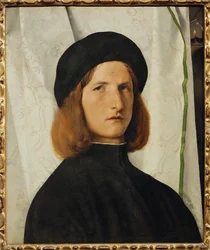 Retrato de un joven delante de una cortina blanca (pintura sobre madera de tilo)