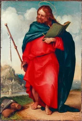 Representación de Santiago el Peregrino. Este es Santiago el Mayor o Santiago, hijo de Zebedeo. Pintura de Lorenzo Lotto (ca. 1480-1556). 1510-1512. Dim. 20x15 cm. Recanati, Pinacoteca.