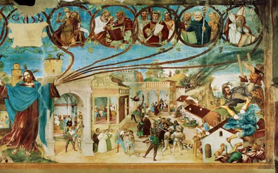 Lado derecho de la Capella Suardi, Iglesia Santa Bárbara en ... (pintura mural)