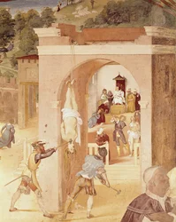 Escenas de la vida de Santa Bárbara, detalle de Santa Bárbara entregada al prelado romano, Marciano, y luego torturada, 1523-24
