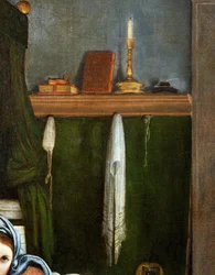 Estante con candelabro y libros (detalle)