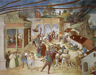 Santa Bárbara siendo conducida por las calles de la ciudad, detalle de Cristo-Vino y Leyenda de Santa Bárbara de Lorenzo Lotto (circa 1480 - 1556), fresco, detalle, Villa Suardi, Capella Suardi, Trescore Balneario