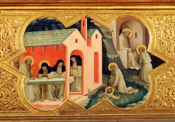 Historia de san Bernardino y san Benito, detalle de la predela de la Coronación de la Virgen