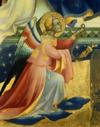 Ángel arrodillado, detalle del panel central de la Coronación de la Virgen de Lorenzo Mónaco (hacia 1370-1425), temple y oro sobre tabla, 506x447, 5 cm