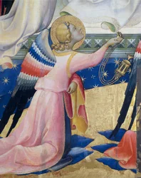 Ángel arrodillado, detalle del panel central de la Coronación de la Virgen de Lorenzo Mónaco (hacia 1370-1425), temple y oro sobre tabla, 506x4475 cm