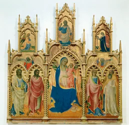 Virgen y Niño Jesús, santos; arriba: Anunciación (temple sobre madera)