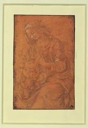 Madonna. Plumín plateado, realzado en blanco sobre papel rosa salmón ...