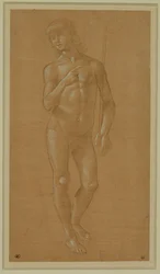 Joven desnudo, cara completa, sosteniendo un bastón Plumín de plata, realzado en blanco, papel rosa claro ...