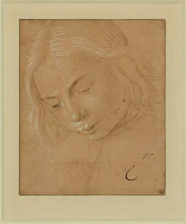 Retrato de un joven, de tres cuartos, inclinado hacia delante ...