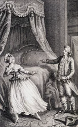Pareja frente a la cama del dormitorio - en "Les françaises ou 34 examples chosen in the current mores fit to lead daughters, women, wives, mothers" por Restif de La Bretonne (1734-1806), ill. por Binet, Neufchatel