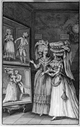 Ilustración de Louis Binet (1744-1800) para el libro de Nicolas Edme Restif de La Bretonne «Les Parisiennes», o XL caracteres generales tomados de las costumbres actuales, aptos para servir a la instrucción de las personas del sexo femenino, extraídos de