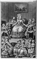 Ilustración de Louis Binet (1744-1800) para el libro de Nicolas Edme Restif de La Bretonne «Les Parisiennes», o XL caracteres generales tomados de las costumbres actuales, aptos para servir a la instrucción de las personas del sexo femenino, extraídos de