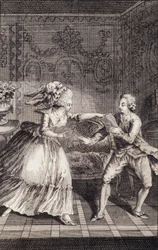 El billete dulce sustraído (libertinaje) - en "Las francesas o 34 ejemplos elegidos en las costumbres actuales aptos para guiar a hijas, mujeres, esposas, madres" por Restif de La Bretonne (1734-1806), ilustrado por Binet, Neufchatel