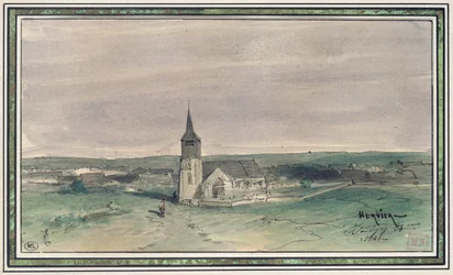 Iglesia y pueblo en medio de un campo, Montigny, 1866