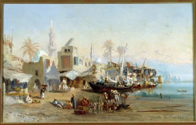 Pecheurs et mosquees du port de Boulack en Egypt Pintura de Amable Louis Crapelet (1822-1867) Sol. 41x64 cm Mención obligatoria: Collection fondation regards de Provence, Marseille
