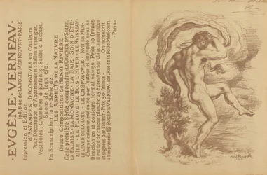 Desnudo danzante y anuncio de "Estampes décoratives" de Eugène Verneau [verso]