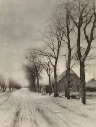Paisaje invernal con granja en una avenida