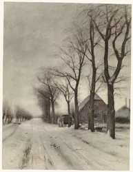 Paisaje invernal con una granja en un carril