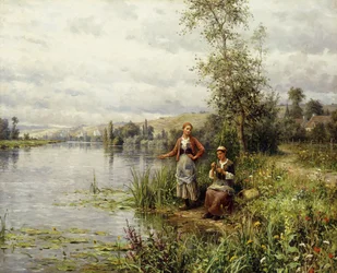 Mujeres de campo pescando en una tarde de verano