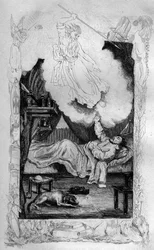 Porque no te has convertido morirás... grabado después del dibujo de M. de Sainson para el Libro de Daniel Defoe “Robinson Crusoe” edición francesa de 1837.