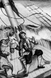 Cada minuto esperaba ser engullido grabado después del dibujo de M. de Sainson para el libro de Daniel Defoe "Robinson Crusoe" edición francesa de 1837.