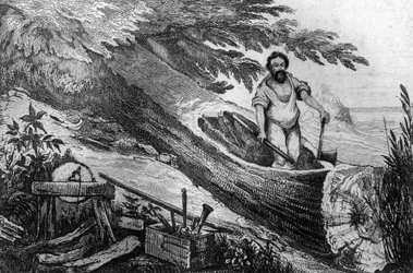 Lo cavé sin la ayuda del fuego grabado después del dibujo de M. de Sainson para el Libro de Daniel Defoe “Robinson Crusoe” edición francesa de 1837.
