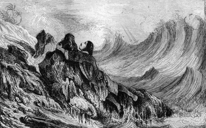 Me resolví a atarme a un punto de roca... grabado después del dibujo de M. de Sainson para el libro de Daniel Defoe 