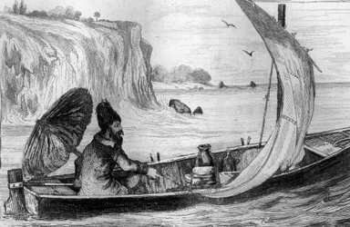 Fui arrastrado por la corriente grabado según el dibujo de M. de Sainson para el libro de Daniel Defoe "Robinson Crusoe" edición francesa de 1837.