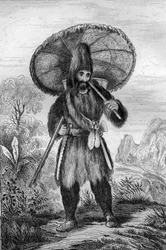 Llevaba un sombrero de una altura... grabado después del dibujo de M. de Sainson para el Libro de Daniel Defoe “Robinson Crusoe” edición francesa de 1837.