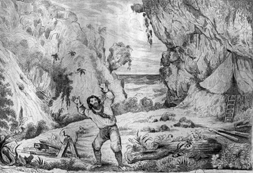 Tres veces el terreno tembló bajo mis pies grabado después del dibujo de M. de Sainson para el libro de Daniel Defoe "Robinson Crusoe" edición francesa de 1837.