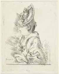 Retrato de una joven con sombrero de perfil a la izquierda