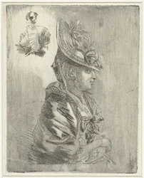 Hoja de estudio con el retrato de una mujer joven con sombrero y dos retratos más pequeños.