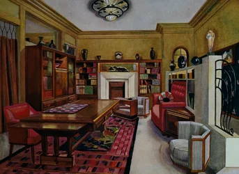 Sala de estudio por Leon Bouchet, acuarela para Le Confotable, Francia, siglo XX