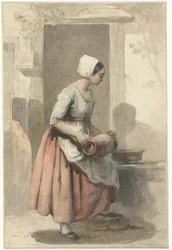 Chica con una jarra a la entrada de una casa