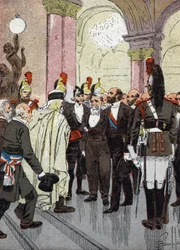 Banquete de los alcaldes de Francia (Banquete de los alcaldes de Francia el 18 de agosto de 1889 en el ayuntamiento de París, invitados para celebrar la Gran Exposición) Ilustración de Louis Charles Bombled (1862-1927) de 