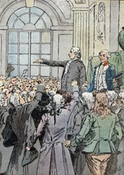 Revolución Francesa: "El diputado Jean Sylvain Bailly (1736-1793) fue elegido alcalde de París el 15/07/1789 en presencia de La Fayette" (Líder político Jean-Sylvain Bailly elegido como alcalde de París el 15 de julio de 1789) Ilustración de Louis Charles 