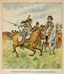 Ilustración de Bombled Louis (1862-1927) de Conde Emmanuel de Las Cases (1766-1842): un dragón advierte al emperador de la traición de uno de sus generales en la batalla de Waterloo en junio de 1815, Colección privada
