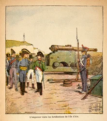 Ilustración de Louis Bombled (1862-1927) del libro "El Memorial de Santa Helena" por el Conde Emmanuel de Las Cases (1766-1842): El emperador Napoleón visita las fortificaciones de la isla de Aix después de su abdicación, Colección privada