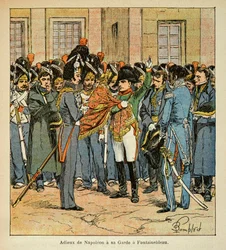 Ilustración de Louis Bombled (1862-1927) del libro "El Memorial de Santa Helena" por el Conde Emmanuel de Las Cases (1766-1842): La despedida de Napoleón a su guardia en Fontainebleau, Colección privada