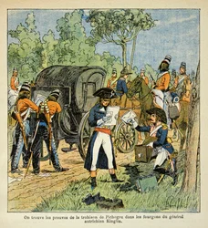 Ilustración de Louis Bombled (1862-1927) del libro "El Memorial de Santa Helena" por el Conde Emmanuel de Las Cases (1766-1842): Durante el paso del Rin, Moreau descubre la correspondencia entre Pichegru y el Príncipe de Condé en las furgonetas de