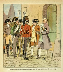 Ilustración de Louis Bombled (1862-1927) del libro "El Memorial de Santa Helena" del Conde Emmanuel de Las Cases (1766-1842): Emigrantes a Coblenza (Koblenz) durante la Revolución, colección privada