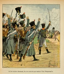 Ilustración de Bombled Louis (1862-1927) del libro “El Memorial de Santa Helena” de Conde Emmanuel de Las Cases (1766-1842): Las tropas aclaman al emperador Napoleón, Colección privada