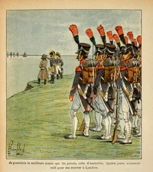 Ilustración de Bombled Louis (1862-1927) del libro “El Memorial de Santa Helena” de Conde Emmanuel de Las Cases (1766-1842): El Gran Ejército en Boulogne, el emperador Napoleón contempla Inglaterra que quiere invadir, Colección privada